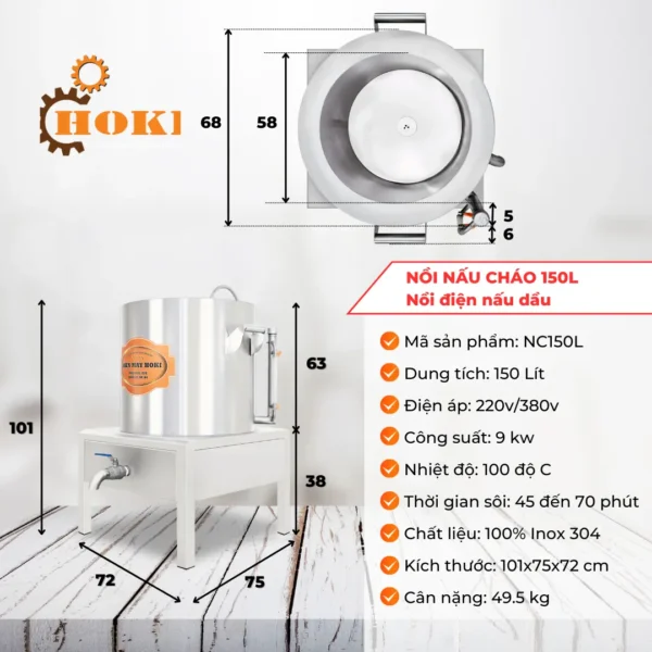 Thông số kỹ thuật nồi cháo 150L