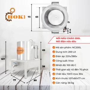 Thông số kỹ thuật nồi cháo 200L