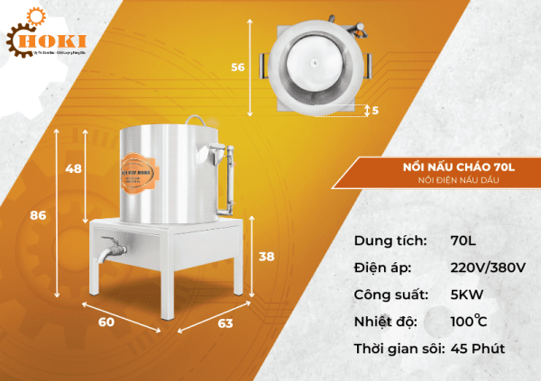 Thông số kỹ thuật nồi cháo 70L