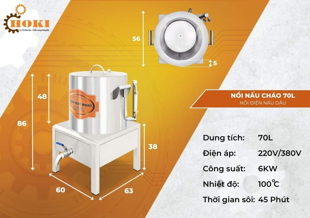 Thông số kỹ thuật nồi cháo 70L