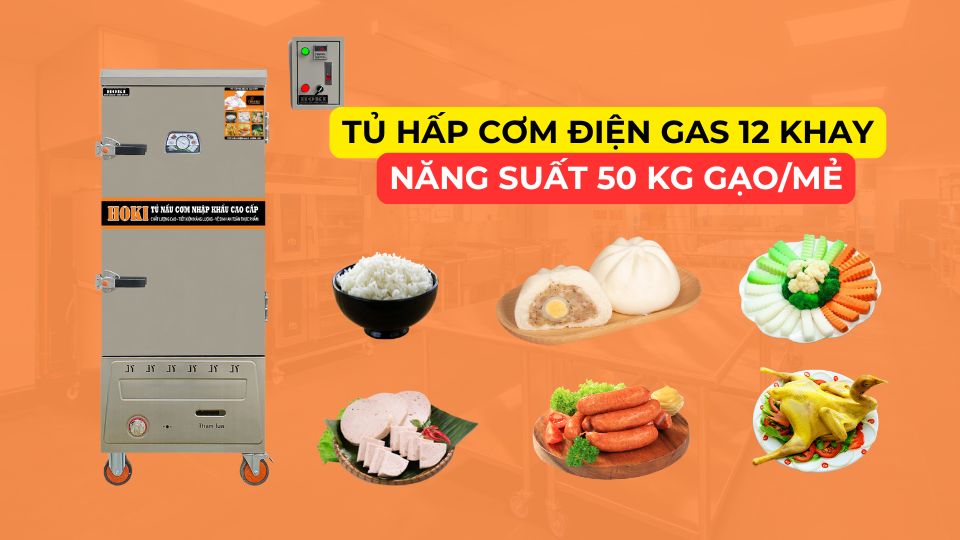 Tủ nấu cơm dùng điện gas 12 khay